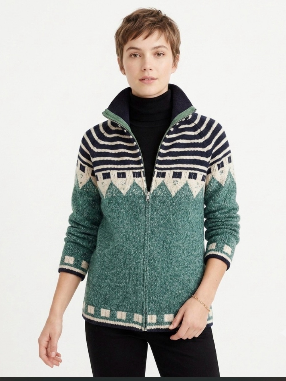 Fair Isle Lambswool Nordic Full Zip Cardigan Sweater Turtleneck Knit Jacket M